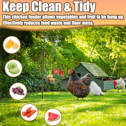 Hanging Chicken Feeder,Chicken Toys for Coop, Foldable Poultry Vegetable Fruits Feeder Basket with Shepherd's Hook, Veggie Treat Ball Boredom Toys for Chicken Coop