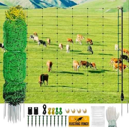 Electric Fence Netting, 35.43" H ×164 L' Portable Livestock Fencing for Sheep, Cattle, Net Fencing Kit with 14 Posts Double Spiked, Movable Poultry Netting for Backyards, Homesteaders, Farms Ranches - size: 164 * 35.43