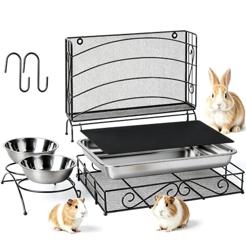 3 In1 Rabbit Hay Feeder with Litter Box Metal Bunny Feeder | Bunny Litter Box, Hay Feeding with Water Food Bowls, Litter Box For Guinea Pig Rabbit Chinchillas Small Animals