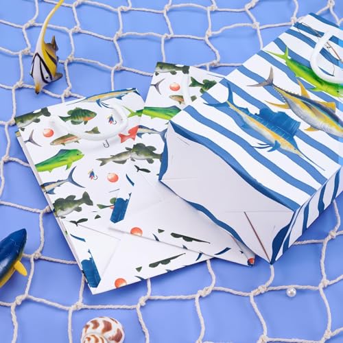 WERNNSAI 16 PCS Gone Fishing Party Goodie Bags | Gone Fishing Birthday Supplies, Fishing Candy Gift Bags with Handle for Boys Little Fisherman, Paper Treat Favor Bag - color: Blue and White