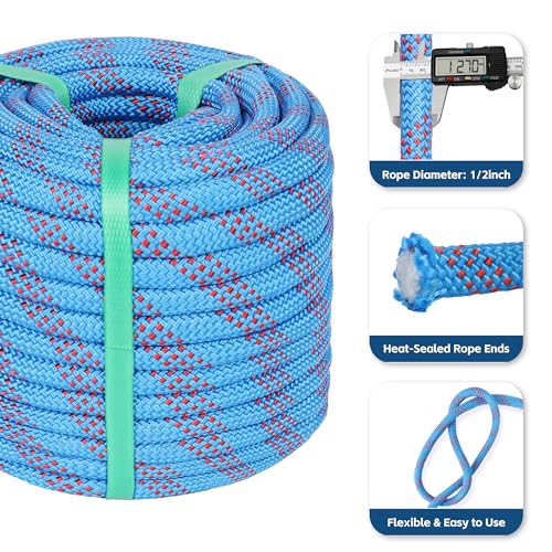 1/2in x 100ft Double Braided Arborist Rigging Rope, 48 Strands Polyester 8000LBS Heavy Duty Climbing Bull Rope for Tree Swing Rappelling Rescue Camping - size: 1/2in x 100ft, style: Blue