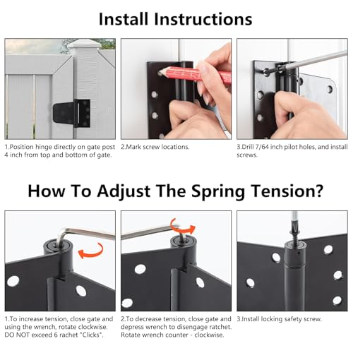 3-1/2 Inch Self Closing Gate Hinges, Spring T Hinges, Black, 4 Pack | Bearing Design and Gaskets Reduce Metal Contact, Steel Hinges Provide Smooth Return for Wood Gates, Fences and Shed Doors - color: 4Pack - Black
