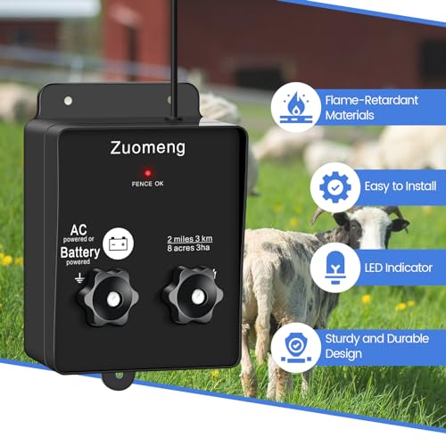 Electric Fence Energizer, Zuomeng 2-Mile 8 Acres Electric Fence Charger Powered by Battery or Power Adapter, 0.1 Joules, for Livestock, Pets, Garden & Wildlife Control