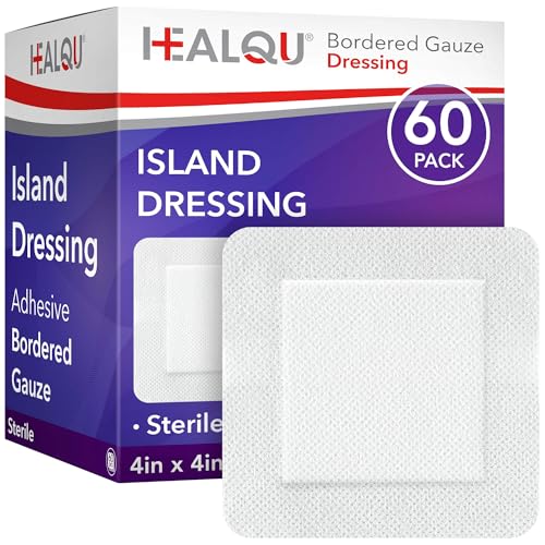 HEALQU Island Dressing - 4"x4", 60 Count - Bordered Gauze Sterile Individually Wrapped Gauze Pads, Water-Resistant, Non-Woven Backing - Soft and Breathable Wound Dressing for First Aid and Medical - size: 4x4" (60 Pack)