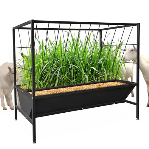 GarveeLife Pasture Hay Feeder 45 Gallon, Heavy Duty Steel 2-in-1 Livestock Feeder, Hay Grain Feeding Trough with 24 Gallon Feed Pan, Livestock Feeder for Sheep, Calf, Cow and Horse, Black