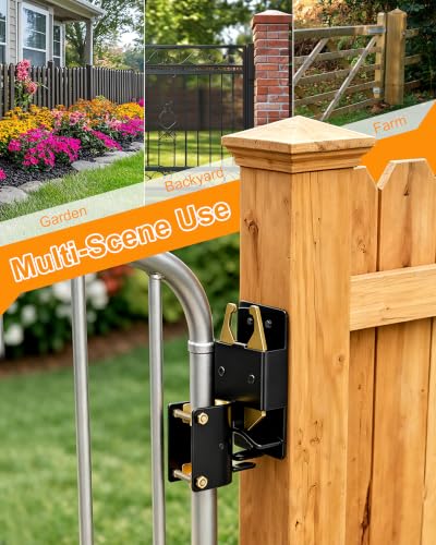 Valchoose Heavy Duty 2 Way Gate Latch, 8 Screws and Instructions, 1 Set | One Hand Pull Pin Opener, Padlock Hole, No Welding Round Tube Mount, Fits Livestock Fence Horse Corral Pasture Stable Ranch