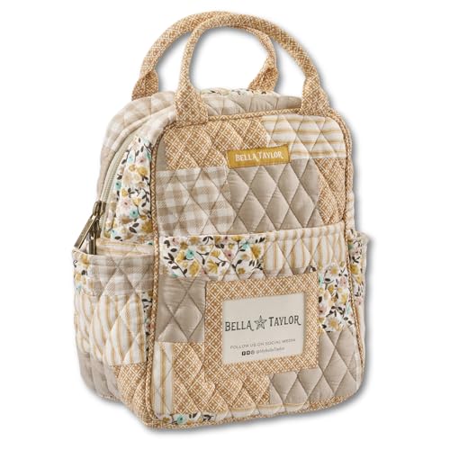 Bella Taylor Lunch Tote, Quilted Lunch Bag, Prairie Meadow Patch | Lightweight quilted cotton lunch box, easy-to-clean PEVA lining, 3 outside/1 inside pocket, durable construction - color: Prairie Meadow Patch
