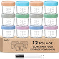 12 pcs Baby Food Storage Containers 4 Oz Small Glass Jars with Lids | Leak-proof Seal, Stable Stacking, Easy to Mark, Clear graduations Make Measuring User-friendly, BPA Free Reusable