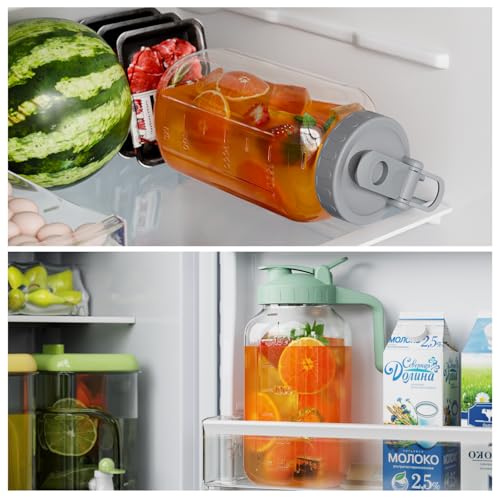 Glass Pitcher with lid, 64 oz Wide Mouth Mason Jar | Dual leak-proof lid, heavy duty glass design, pour spout and handle for cold brew coffee, sun tea and iced drinks - color: Green, size: 64 Ounces