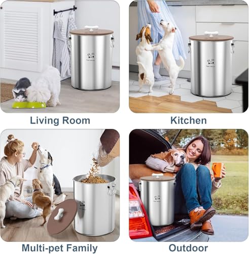 Paw Libero 2PK 25 Lbs total 50 Lbs Stainless Steel Dog Food Storage Container with Airtight Wooden Lid & Ceramic Bone Handle, Large Metal Dog Food Bin for Dogs & Cats - size: 25 lbs - 2pk