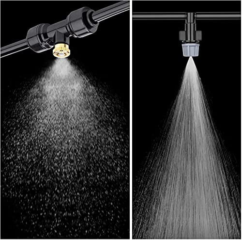 Misting Cooling System 98.4FT (30M) Misting Line + 50 Brass Mist Nozzles + 50 T-Connectors + 1 Faucet Adapters (3/4") Outdoor Mister for Patio Garden Greenhouse Trampoline for Waterpark | 50 Brass Nozzles and 50 T-Connectors, 3/4" Faucet Adapter, Patio, G