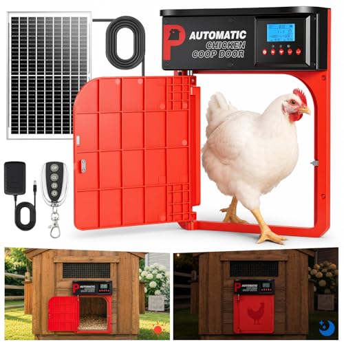 Automatic Chicken Coop Door with Solar Panel | Upgrade Door Opening, Anti-Pinch, Remote Control, Timer & Light Sensor, Weather Proof, 4 Modes, Easy Install - color: Red