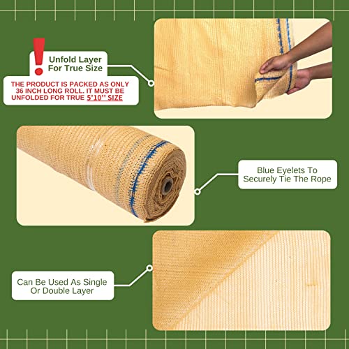 5'10" x 100 FT 60% Shade Cloth Roll Tan | Green HDPE UV Resistant Breathable Eyelets Sun Protection for Greenhouse Garden Fence Pergola Patio Flower Plant Kennel - size: 5'10"x100ft - 60% - TAN