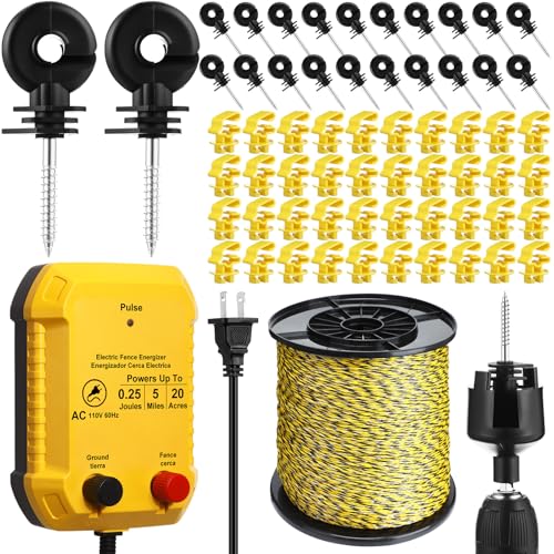 Electric Fence Kit, 0.25j Charger 3366ft Wire 60 Insulators | 5 Mile 110V Plug in Electric Fence, Polywire for Livestock Horse Cattle Poultry, T Post Screw Insulators, Farm Pasture - size: 3366FT, style: 0.25J