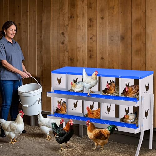 Garvee Chicken Nesting Box, 10 Compartment Nesting Boxes for Chickens, Easy to Clean and Install, Chicken Laying Boxes for Chicken Coop to Protect Eggs - with Bracket Legs, Blue - color: blue, size: 46.1"L x 17.3"W x 8.5"H