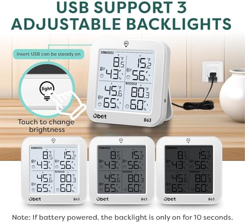 OBET Weather Station Wireless Indoor Outdoor Thermometer Wireless, Digital Temperature and Humidity Monitor with 3 Sensors, Adjustable Backlight, USB Port (500 Feet) White - color: White-Small