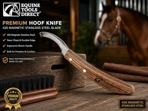 Right-Handed Farrier Hoof Knife, Curved J2 420 Magnetic Stainless Steel Blade, Ergonomic Wooden Handle, Horse Hoof Trimming Tool for Sole & Frog Paring