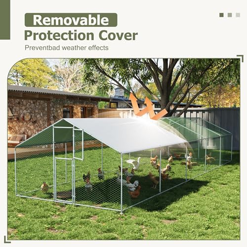 Large Metal Chicken Coop,19.7x9.8x6.4 FT Chicken Run for Yard with Waterproof & Anti-UV Cover,Walk in Chicken Pen with Feeding Door (32.8 * 9.8 * 6.4 ft) - size: 393.5"L x 118.1"W x 76.8"H