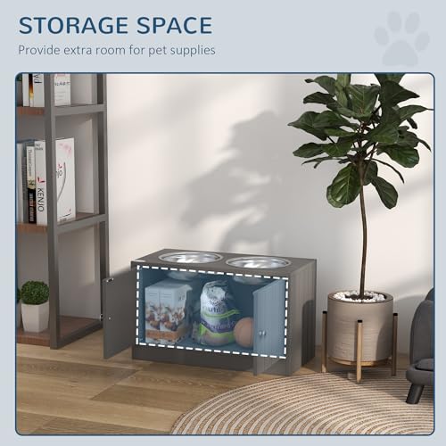 PawHut Large Elevated Dog Bowls with Storage Cabinet 44L Capacity Gray | Raised Dog Bowl Stand, Pet Feeding Station - color: Gray