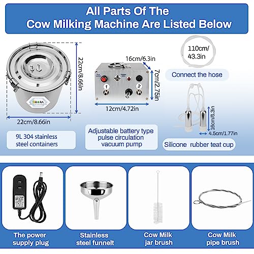 9L Cow Milking Machine, Rechargeable Battery Adjustable Pulse Vacuum Electric Cow Milking Machine,Portable Milking Machine,Individual Pulsation Adjustment, Udder Protection - size: 9L Cow