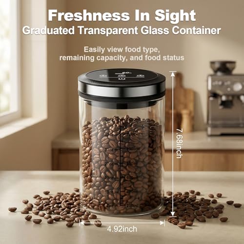 Vacuum Coffee Canister, 1.6L Large Capacity Airtight Coffee Container with Graduated Scale and Vacuum Duration Display. Features Transparent Borosilicate Glass Construction - size: 1.6L
