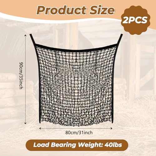 2 PCS Slow Feed Hay Net for Horses, Large Capacity Hay Bags with 4 Carabiner Clips and Gloves, Heavy Duty Slow Feeder for Horse Goat Sheep, Full Day Feeding for Stall Trailer, Black, 35 x 31 Inch