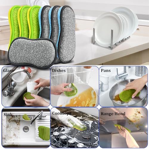 Dish Sponges Kitchen, 12 Pack Multi-Purpose Microfiber Scrub Sponge - Dual-Sided Heavy Duty Non-Scratch Scrubber, Reusable Cleaning Sponge for Dishes, Pots, Pans, Stovetop & Sink