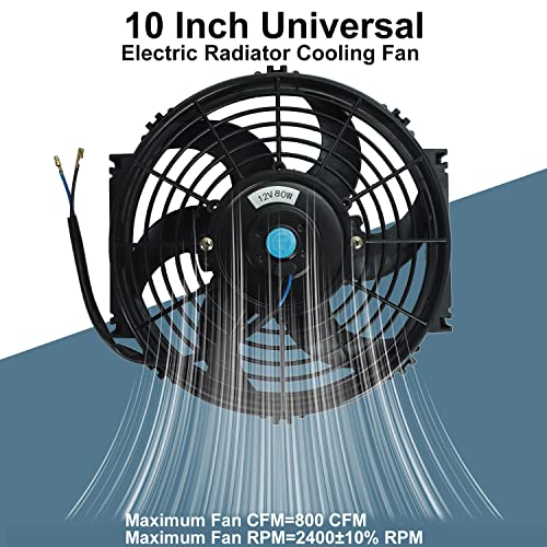 10" Universal Slim Fan Push Pull Electric Radiator 12V 80W High Performance Cooling Fan with Thermostat Wiring Switch Relay Mount Kit Black - size: 10 Inch
