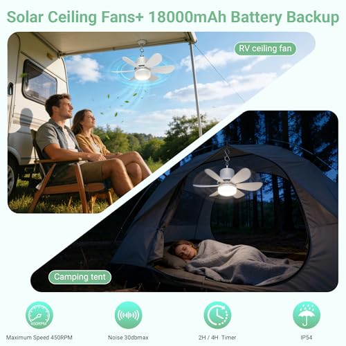 Solar Fan for Gazebo with Light | Solar Powered Ceiling Fan with Remote | 18000mAh Rechargeable | 17.5'' Portable Outdoor Hanging Fans for Pergola| Backyard| Camping| Tent| RV Canopy, IP54 Rated