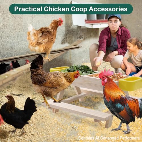 Boulphia Chicken Feeders and Waterers, Chicken Feeder No Waste Kit with Picnic Table and 2 Water Feeder, Handmade Wooden Chicken Supplies & Accessories for Chicken Coop - color: Natural Solid Wood