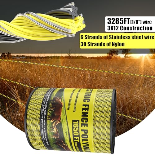 Upgrade Electric Fence Polywire 1650FT,500 Meters, 6 Stainless Steel Strands for Reliable Conductivity, Portable Electric Fencing, UV Resistant, Rust Resistant, Highly Conductive, Easy to Install - size: 1650 Feet