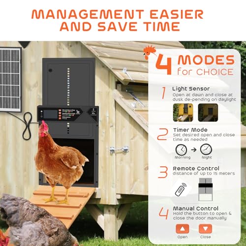 Large Automatic Chicken Coop Door Solar Powered 4000mAh High Capacity-Black | 7W Solar Chicken Coop Door with Timer & Light Sensor, Anti-Pinch Safety, Wire Clips & Remote Control, Aluminum Chicken Door - color: Black