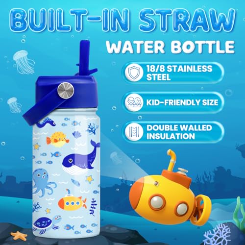 SANDJEST Kids Water Bottle with Straw Lid - 12 Oz Insulated Stainless Steel Ocean Water Bottles for Kid Boys - Travel Cup for School Sports - color: Ocean Animal 1