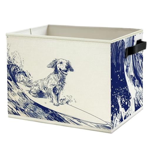 Navy Blue Coastal Dog Storage Bins Box with Handles, Dog Lovers Gifts for Women Men, Nautical Surfing Dogs Collapsible Basket Organizer for Bedroom Bathroom Books Clothes - color: Color07