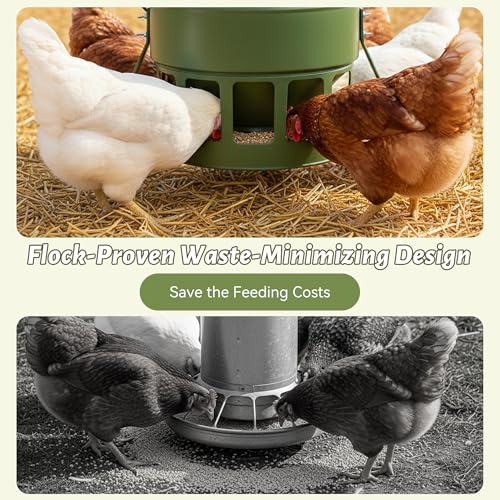 KOL Metal Chicken Feeder - 20lbs No Waste Chicken Feeder with 12 Ports, Powder Coated Rust-Proof Design & Smooth Edges for Safe Feeding (Avocado Green) - color: Avocado Green