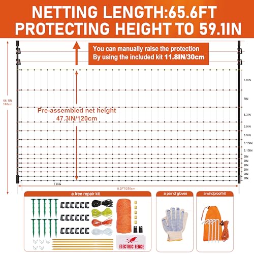Poultry Electric Netting Fence - 47.3''H (can be Manually Raised to 59.1''H) x 65.6'L for Flying Chicken, Sheep, Goats in Farms, Ranches and Gardens, PK1 - style: (47.3 to 59.1)" x 65.6' - PK1