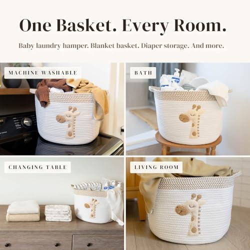 Giraffe Baby Storage Basket, Woven Cotton Rope Nursery Bin, 15x11 in | Stuffed Animal and Blanket Storage, Soft Felt Giraffe Patch, Safari Nursery Decor, Baby Shower, Kids Playroom Organizer - color: Giraffe
