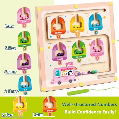 QimuMku Wooden Maze Magnetic Busy Board & Travel Toy for Toddlers Ages 2-4 | Magnetic maze travel activity for toddlers that builds fine motor skills, focus and screen-free learning on the go. - color: Ice Cream Magnetic Maze