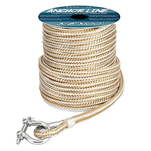MARINE SYSTEM Made 3/8 Inch 100FT 150FT Gold/White Nylon Anchor Line Double Braided Anchor Rope/Line with Thimble (3/8" x 100') - color: 3/8"x100' Gold/White