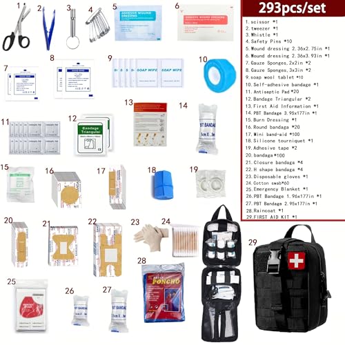 293Pcs/set - First Aid Kit Molle Pouches Emergency Survival Kit Suitable for Outdoor Activities, Home, School, Hiking, Car Travel and Camping - Quick Response First Aid Essentials (Black) - color: Black