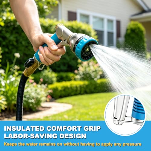 FANHAO Metal Garden Hose Nozzle Heavy Duty, 8 Spray Patterns, High Pressure | Comfortable Non-Slip Handle, Hands-Free Lock, Rustproof Leak Proof Water Hose Sprayer for Watering Plant, Car & Pet Washing - color: Blue