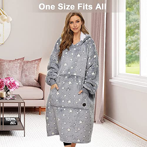 THREE POODLE Wearable Blanket Hoodie, Glow in The Dark Oversized Hoodie Blanket, Sherpa Hooded Blanket Sweatshirt for Adults Women Men Kids, Cozy Gifts - color: Luminous Star, size: Adult-Extra Long