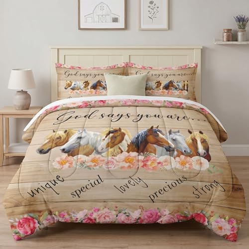 WeCozy Full Comforter Set, 3 Pieces Colorful Horses Bedding, All Season | Animal Pink Flower Inspirational Thoughts Prayer Soft Comforter with 2 Pillowcases for Kids and Adults Room Bedroom Bed Decor - color: Multi 4, size: Full