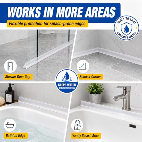 Kitchen Sink Splash Guard and Bathtub Water Barrier, 39 in, Black | Flexible self-adhesive water dam, splash guard for bathtub, cooktop and shower threshold, trims to fit smooth surfaces - color: Black, style: 39Inch