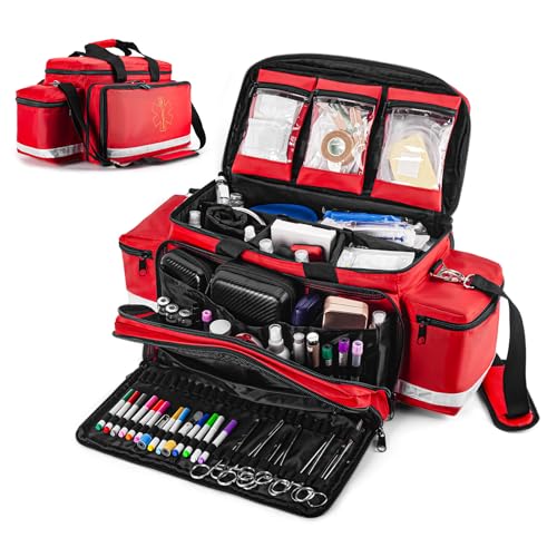 Large Medical Bag Empty, Paramedic Bag EMT Trauma for First Responders | Large Medical Duffle Bag 25.8" Water Resistant, 21 total compartments, 360 Reflective, 4 Dividers, 3 Removable Clear Pouches