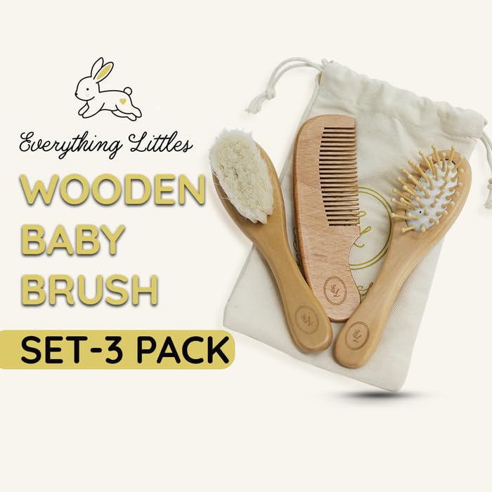 Wooden Baby Brush Set - 3 Pack | Massage Brush, Soft Goat Hair Cradle Cap Brush & Sturdy Wooden Comb for Tangle-Free Baby Hair Grooming | Pull-Free, Gentle on Baby’s Scalp