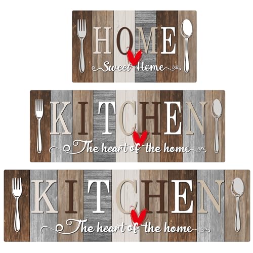 Kitchen Rugs Set 3 Piece, Non Slip Kitchen Mats for Floor, Soft Fabric with Rubber Backing, Farmhouse Anti Fatigue Runners Carpet for Home Kitchen Laundry Room Hallway (Rustic Brown & Grey) - color: Rustic Brown & Grey