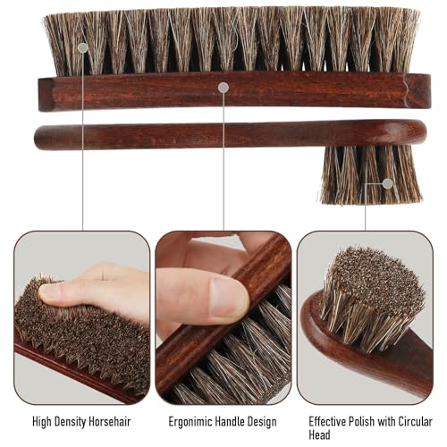 3-Piece 100% Horse Hair Shoe Brush Kit Premium Dauber Applicators Leather Care Cleaning Set with Polishing Brushes and Microfiber Cloth for Leather Suede Shoes Boots Bags Cars Cleaning Polishing