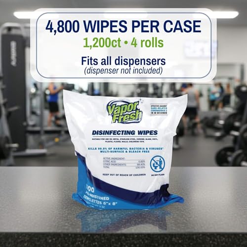 Vapor Fresh Disinfecting Wipes For Gym Equipment, 1200 Count, 1 Roll | Gym wipes, Free of quats, Refill rolls, Kills germs, Fits all dispensers, For treadmills weights benches and more - size: 1200 Count (Pack of 1)