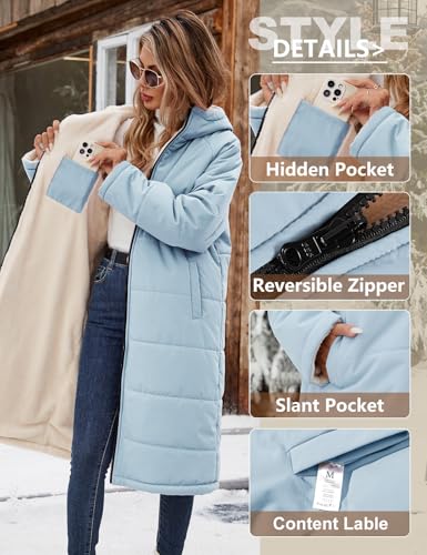 Yusongirl Women's Reversible Long Winter Puffer Coat with Hood and Fleece | Two wearable sides for winter commutes, school runs and city errands, with quilted warmth, soft fleece, a hood and pockets - color: Blue, size: XX-Large